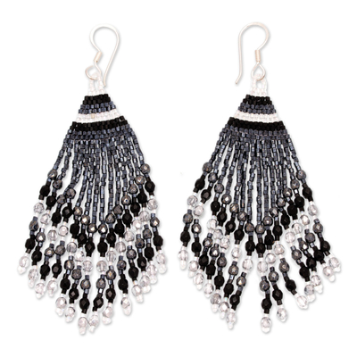 Glass beaded waterfall earrings, 'Silver Grey Luxury' - Huichol Silver Grey & Black Beadwork Waterfall Earrings
