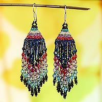 Glass beaded waterfall earrings, 'Dazzling Luxury' - Huichol Colorful Red Black Beadwork Waterfall Earrings