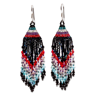 Huichol Colorful Red Black Beadwork Waterfall Earrings