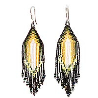 Glass beaded waterfall earrings, 'Espresso and Yellow Rivers' - Huichol Espresso-White-Yellow Beadwork Waterfall Earrings
