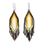 Glass beaded waterfall earrings, 'Espresso and Yellow Rivers' - Huichol Espresso-White-Yellow Beadwork Waterfall Earrings