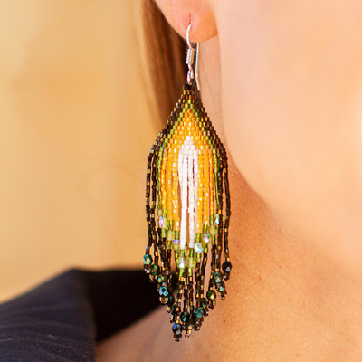 Glass beaded waterfall earrings, 'Espresso and Yellow Rivers' - Huichol Espresso-White-Yellow Beadwork Waterfall Earrings