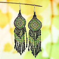 Glass beaded long statement earrings, 'Green Huichol Dreamcatcher'