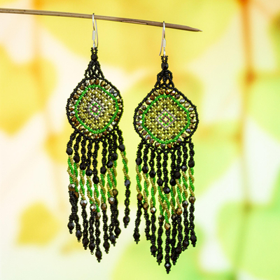 Glass beaded long statement earrings, 'Green Huichol Dreamcatcher' - Huichol Beadwork Black and Green Statement Earrings