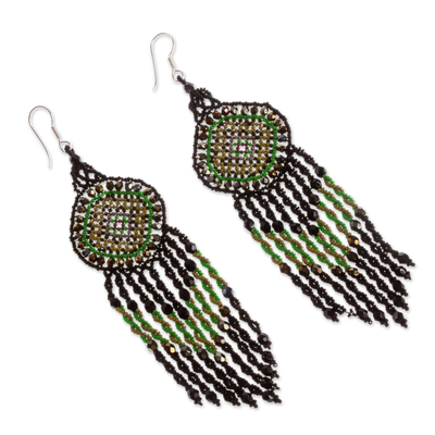 Glass beaded long statement earrings, 'Green Huichol Dreamcatcher' - Huichol Beadwork Black and Green Statement Earrings