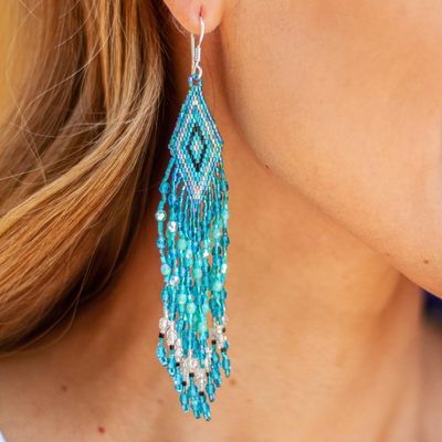 Glass beaded waterfall earrings, 'Aqua Cascade' - Huichol Aqua-Mint-Silver Beadwork Waterfall Earrings