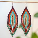 Huichol glass beaded long earrings, 'Traditions' - Huichol Beadwork Peach-Aqua-Tangerine Waterfall Earrings