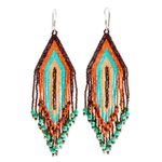 Huichol glass beaded long earrings, 'Traditions' - Huichol Beadwork Peach-Aqua-Tangerine Waterfall Earrings