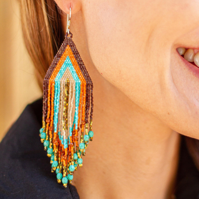 Huichol glass beaded long earrings, 'Traditions' - Huichol Beadwork Peach-Aqua-Tangerine Waterfall Earrings