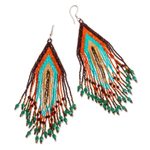 Huichol glass beaded long earrings, 'Traditions' - Huichol Beadwork Peach-Aqua-Tangerine Waterfall Earrings