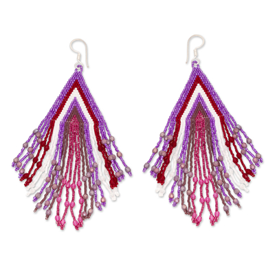 Glass beaded waterfall earrings, 'Purple Chic Cascade' - Purple-Fuchsia-Burgundy Huichol Beadwork Waterfall Earrings