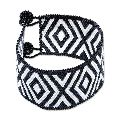 Glass beaded wristband bracelet, 'Black and White Diamonds' - Huichol Handmade Black and White Beadwork Bracelet