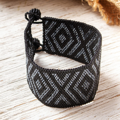 Glass beaded wristband bracelet, 'Black and Grey Diamonds' - Huichol Handmade Black and Grey Beadwork Bracelet