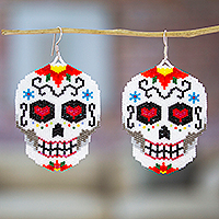 Glass beaded dangle earrings, White and Red Skeleton