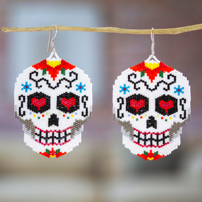 Glass beaded dangle earrings, 'White and Red Skeleton' - Beadwork Day of the Dead White Skull Huichol Earrings