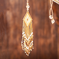 Glass beaded pendant necklace, 'Huichol Golden Cascade' - Huichol Handcrafted Beadwork Pendant Necklace