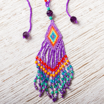 Glass beaded pendant necklace, 'Huichol Purple Cascade' - Huichol Handcrafted Purple Beadwork Pendant Necklace