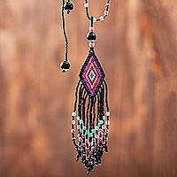 Glass beaded pendant necklace, 'Huichol Mauve Cascade' - Huichol Handcrafted Black & Mauve Beadwork Pendant Necklace
