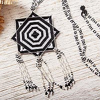 Glass beaded pendant necklace, 'Black and White Huichol Mandala' - Huichol Handcrafted Black and White Mandala Pendant Necklace