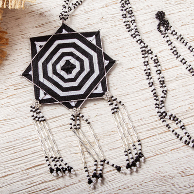Glass beaded pendant necklace, Black and White Huichol Mandala