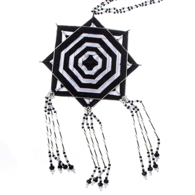Glass beaded pendant necklace, 'Black and White Huichol Mandala' - Huichol Handcrafted Black and White Mandala Pendant Necklace