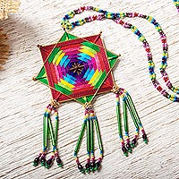 Glass beaded pendant necklace, 'Green Huichol Mandala' - Huichol Handcrafted Green Mandala Pendant Necklace