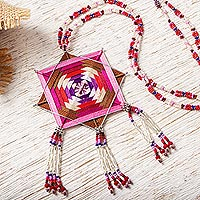 Glass beaded pendant necklace, 'Rosy Huichol Mandala'