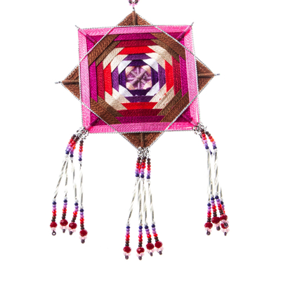 Glass beaded pendant necklace, 'Rosy Huichol Mandala' - Huichol Handcrafted Pink Mandala Pendant Necklace