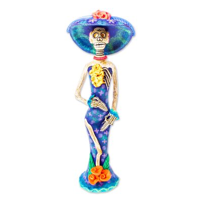 Ceramic statuette, 'Beauty Immortal in Blue' - Hand Painted Catrina Sculpture in Ceramic