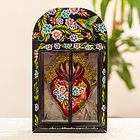 Wood niche, 'Blossoming Sacred Heart' - Handmade Folk Art Sacred Heart Niche