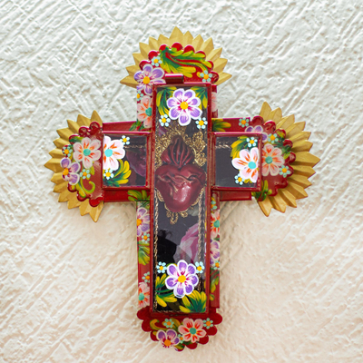 Glass and metal wall cross, 'Blazing Heart' - Glass and Tin Wall Cross from Mexico