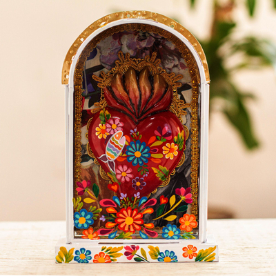 Metal and wood niche, 'Precious Heart' - Hand Painted Wood and Tin Sacred Heart Niche