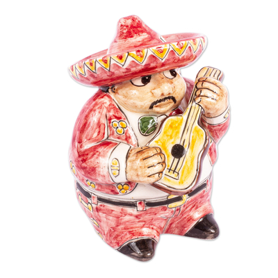 Keramik-Sparschwein, 'Rote Mariachi-Gitarre' - Mexikanische handgefertigte Keramik rot Mariachi Sparschwein