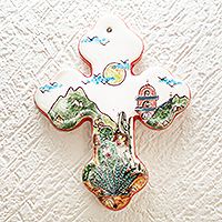 Ceramic cross, 'Hometown Mexico' - Hand Painted Mexican Town Scene Ceramic Wall Cross