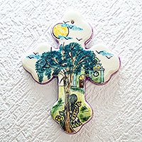 Ceramic cross, 'At Home in Mexico' - Hand Painted Mexican Small Town Scene Ceramic Wall Cross