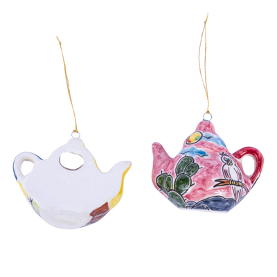 Ceramic ornaments, 'Time for Tea' (pair) - Two Handcrafted Ceramic Teapot Ornaments from Mexico