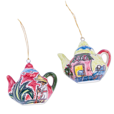 Ceramic ornaments, 'Time for Coffee' (pair) - Two Handcrafted Ceramic Coffee Pot Ornaments from Mexico