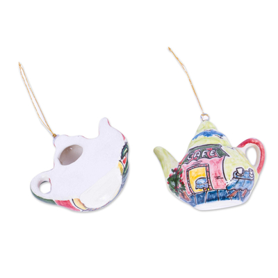 Ceramic ornaments, 'Time for Coffee' (pair) - Two Handcrafted Ceramic Coffee Pot Ornaments from Mexico