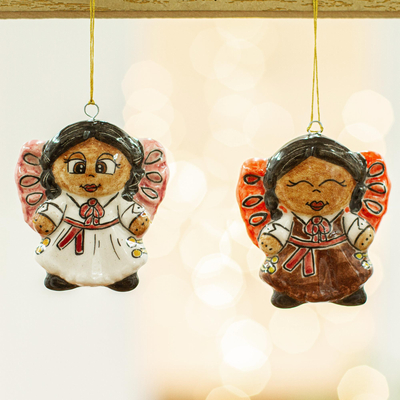 Adornos de cerámica, (par) - Dos adornos de niña angelito de cerámica de México