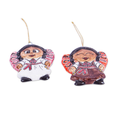 Ceramic ornaments, 'Angel Girls' (pair) - Two Ceramic Little Angel Girl Ornaments from Mexico