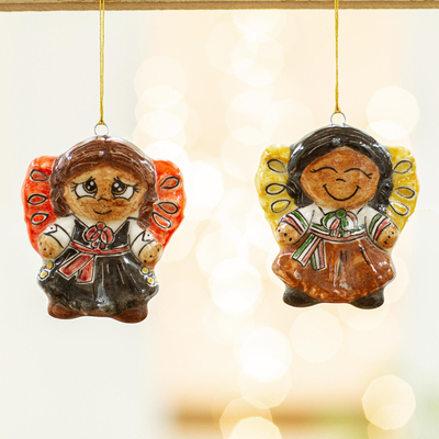 Ceramic ornaments, 'Little Girl Angels' (pair) - Two Ceramic Little Girl Angel Ornaments from Mexico