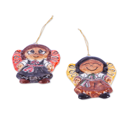 Ceramic ornaments, 'Little Girl Angels' (pair) - Two Ceramic Little Girl Angel Ornaments from Mexico
