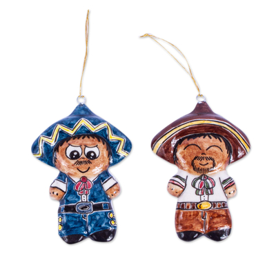 Keramikornamente, (Paar) - Zwei kleine Mariachi-Jungen-Ornamente aus Keramik aus Mexiko
