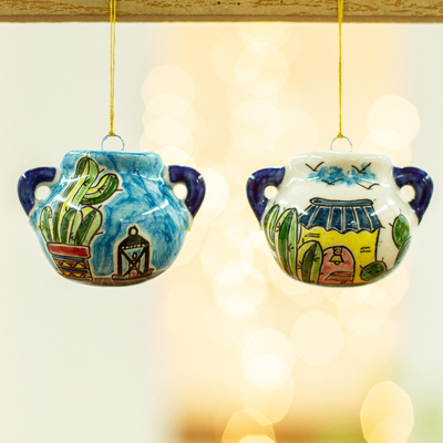 Ceramic ornaments, 'What's Cooking?' (pair) - Two Handcrafted Ceramic Cook Pot Ornaments from Mexico