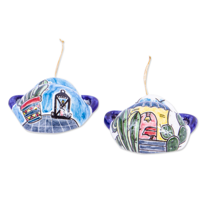 Adornos de cerámica, (par) - Dos adornos de ollas de cerámica hechos a mano en México