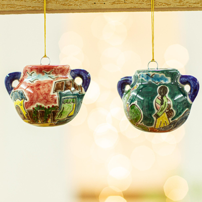 Ceramic ornaments, 'What's for Dinner?' (pair) - Two Handcrafted Ceramic Cooking Pot Ornaments from Mexico