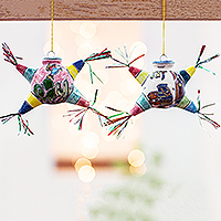 Ceramic ornaments, 'Star Piñatas' (pair)