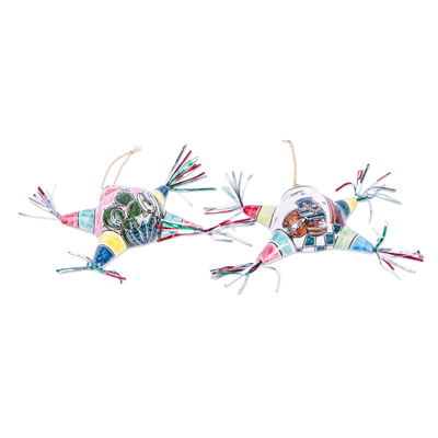 Ceramic ornaments, 'Star Piñatas' (pair) - Two Handcrafted Ceramic Piñata Ornaments from Mexico