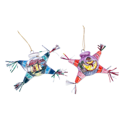 Ceramic ornaments, 'Cheerful Piñatas' (pair) - Two Hand Painted Ceramic Piñata Ornaments from Mexico