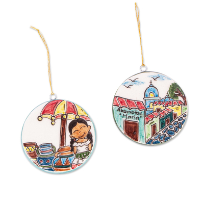 Ceramic ornaments, 'Mexican Life' - Two Ceramic Ornaments with Vignettes from Mexico